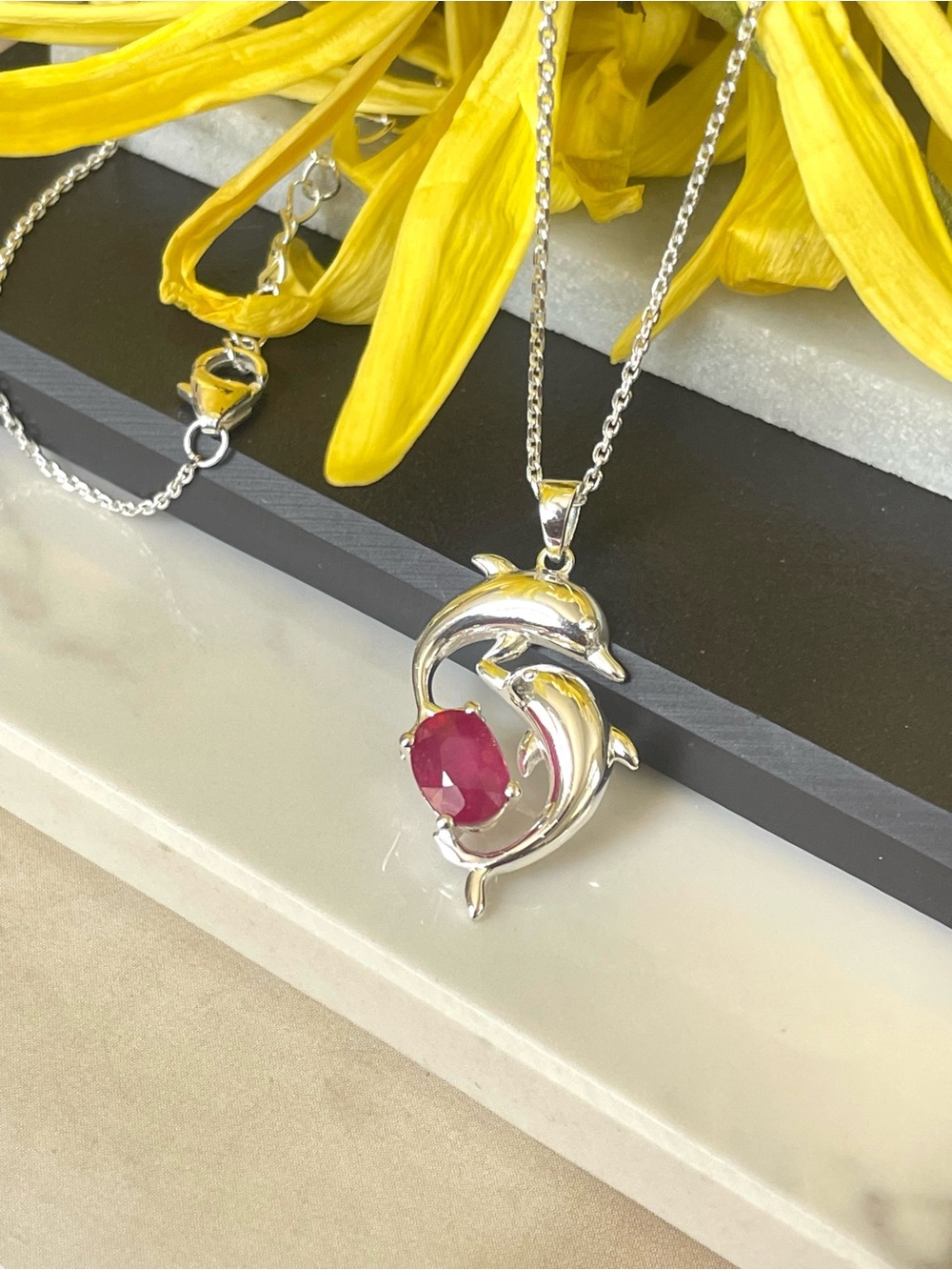 925 Sterling Silver, Ruby Dolphin Pendant Necklace “RoyalDelicacies”